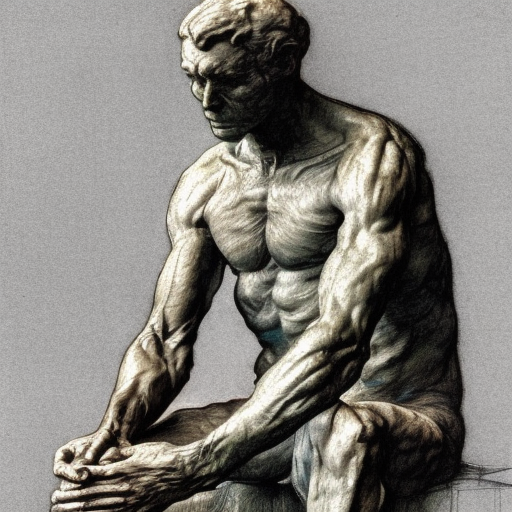 ((Masterpiece))  Combine old Rodin "The Thinker" and Vrubel's drawing "Demon Seated"'. Retro aesthetic, magicharacter oriented, 4K resolution, photorealistic rendering, trending on artstation, magic magic surrealism, sharp focus, studio photo, intricate details, highly detailed, by Greg Rutkowski