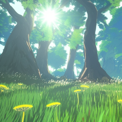 low angle shot of forest of dandelion, blue sky, dappled lighting, Ghibli style, anime background, anime concept art, Breath of the Wild, cel-shading, vanishing point