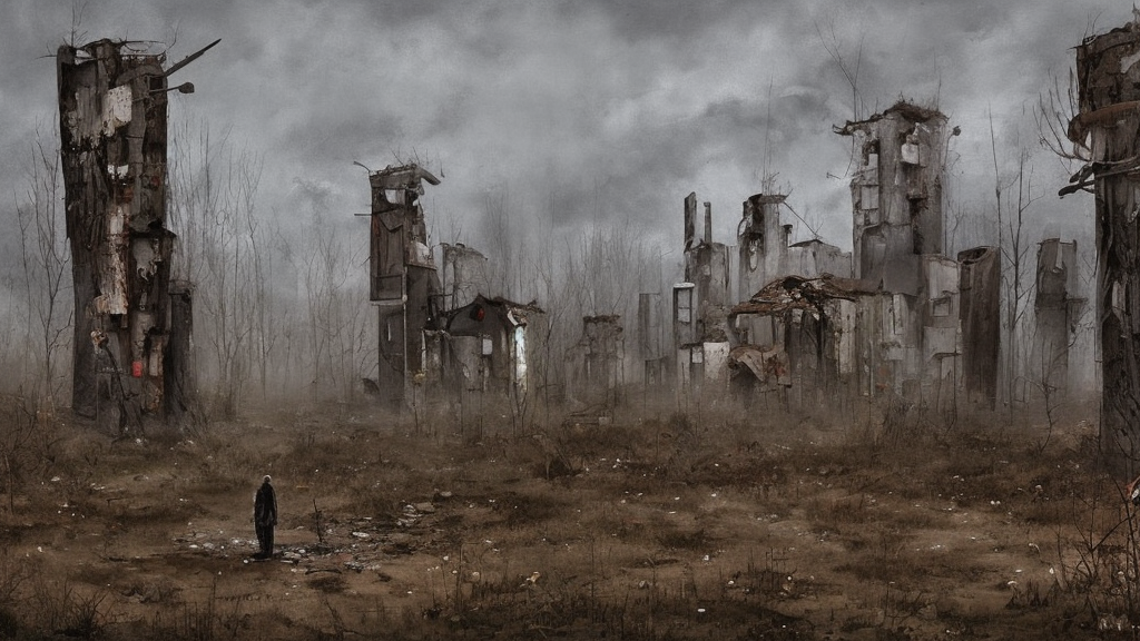 painting of a abandoned post soviet town infested with humanoid root monsters by jakub rozalski