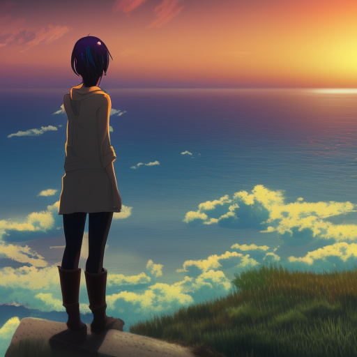 A girl standing on the hill looking at the sea with a sunset in style of Makoto Shinkai and Cyberpunk. ArtStation, 8K, Highly Detailed, Intricate, Album Art.