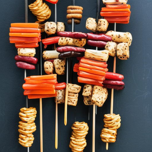 Create an artwork featuring various skewered meat snacks of different flavors