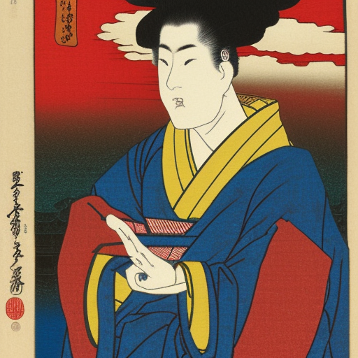 Young wizard, with afro hair, Ukiyo-e Japanese woodblock
