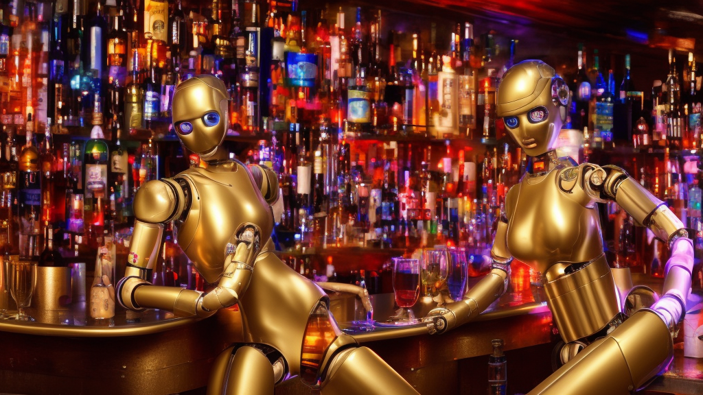 robots drinking alcohol, inside a bar, vibrant colors, hyper-realistic, extreme detail, sharp photo, beautiful, cinematic 4K, by Sorayama