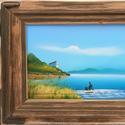 um pescador em uma lagoa com uma casa ao fundo , pintura a oleo