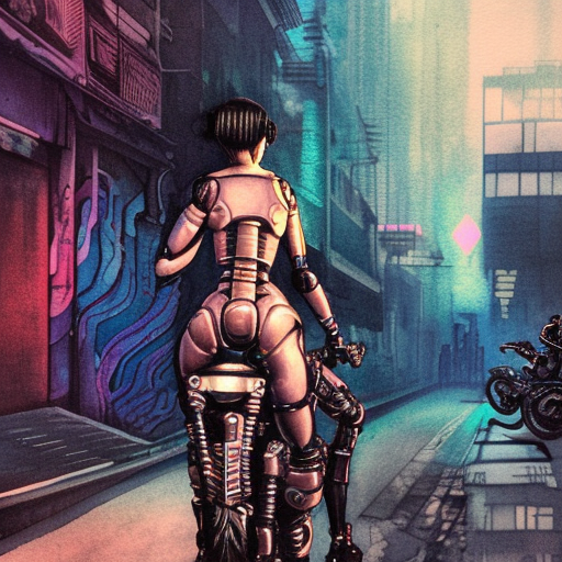 a intricate robotic female is leaning on a motorcycle, in a grunge looking alley, wires hanging across windows, Motorbike Cyberpunk by ptitvinc female Blade Runner rogue , dusk, godrays over buildings, Nice colour scheme, soft warm colour. Studio Gibli. Beautiful detailed watercolor by Lurid. (2022)