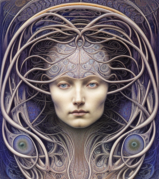 detailed realistic beautiful solstice goddess face portrait by jean delville, gustave dore, iris van herpen and marco mazzoni, art forms of nature by ernst haeckel, art nouveau, symbolist, visionary, gothic, neo - gothic, pre - raphaelite, fractal lace, intricate alien botanicals, ai biodiversity, surreality, hyperdetailed ultrasharp octane render