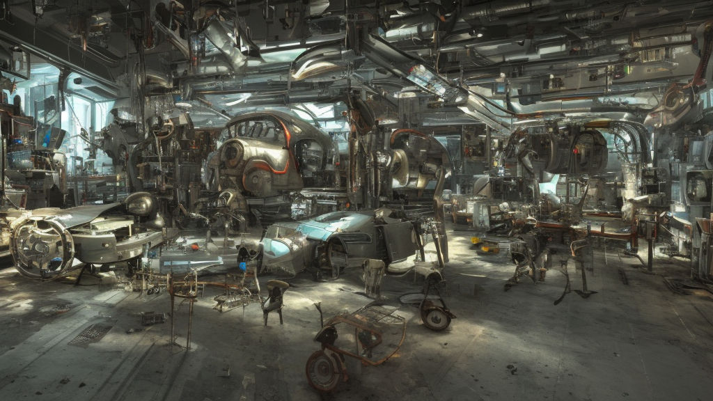 he inside of a futuristic mechanic workshop, highly detailed interior, scrap metal on workbenches, half - finished robot, mechanical bugs in a display case, holographic screen in center frame, trending on artstation, cryengine render, 8 k