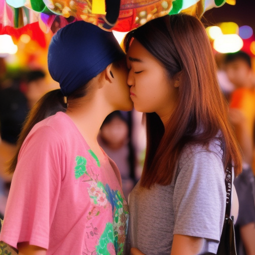 two teenage melayu girl kissing in night market 