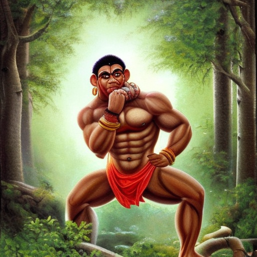 I want to make a oil painting which shows lord hanuman in a forest ambuance with a bright aura sun behind his head. holding a mountain on one hand and his weapon on other hand. Masculine build raiding dominance with a calm face. Body built like a body builder showing most of the muscles. Face looks like a man but a little hints of monkey. Wearing red shorts as worn by people in ancient india.
