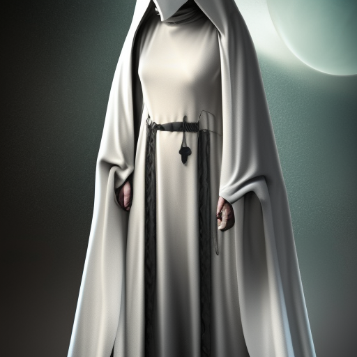 futuristic full length religious cult young woman in a deep hooded science fiction style clothes with face covering