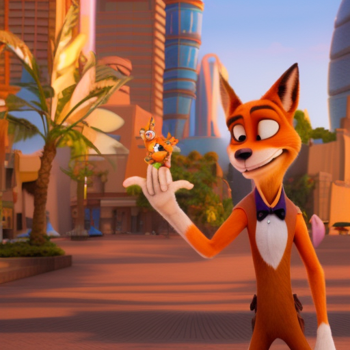 a Nick Wilde Zootopia in front office of the Dubai and sunset